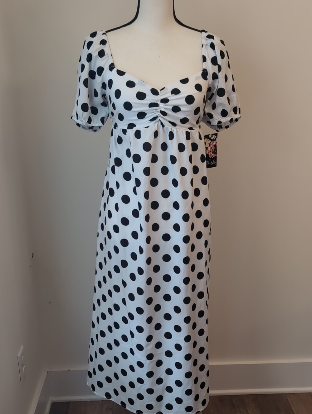Blush White Midi Dress with Black Polka Dots